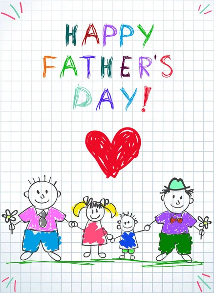 Семья ЛГБТ. С Днем отца дети рисуют двух мужчин — стоковый вектор