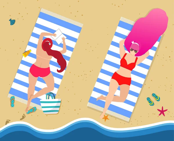 Meninas em Bikini Sexy Red Relaxante na Praia — Fotografia de Stock