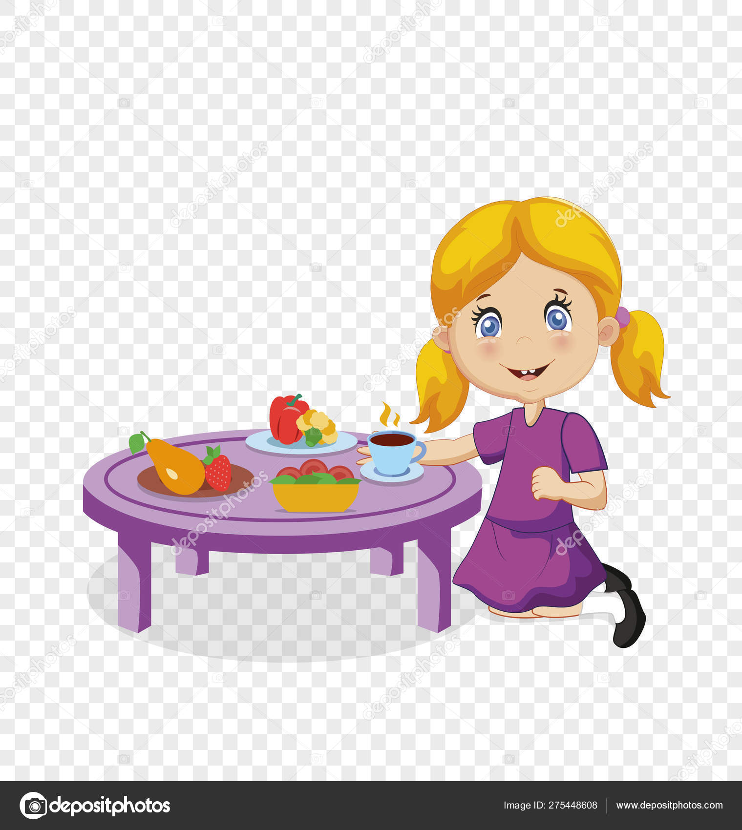Funny Smiling Cartoon Blonde Girl Eating At Table Stock Vector