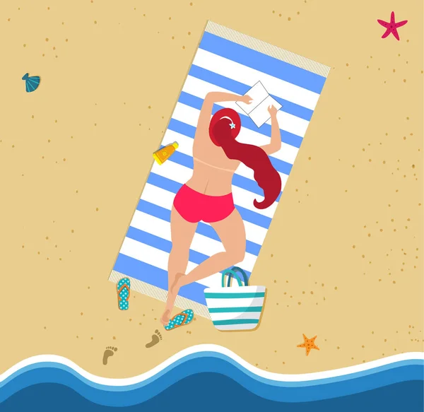 Το Top View νεαρή γυναίκα με κόκκινο μπικίνι στην παραλία — Διανυσματικό Αρχείο