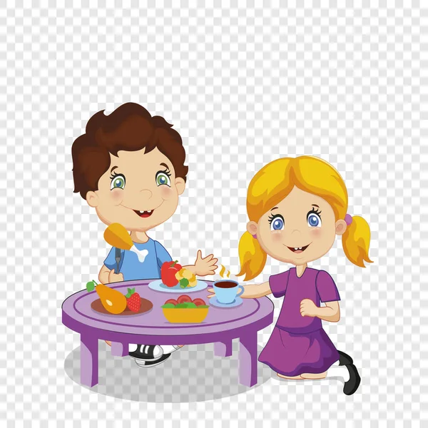 Niños comiendo. Chico y chica divertidos sentados en la mesa — Vector de stock