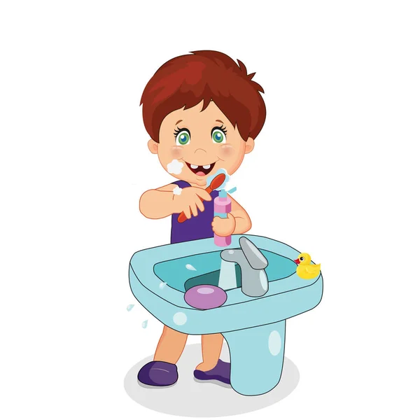 Cepillado de dientes de niño, dientes de cepillo de carácter de niño — Vector de stock