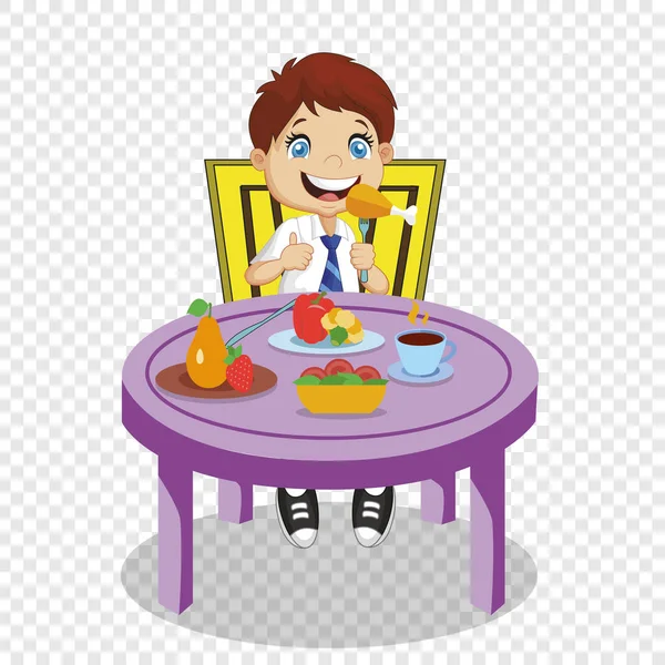 Boy Eating. Smiling Cartoon Schoolboy Eat Meal — Stock Vector