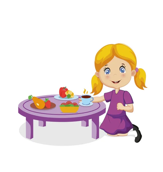 Divertida sonrisa de dibujos animados niña comiendo en la mesa — Vector de stock