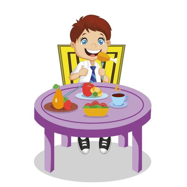 Chlapeček na jídlo. Usmívající se kreslený spolužák jíst jídlo — Stock fotografie