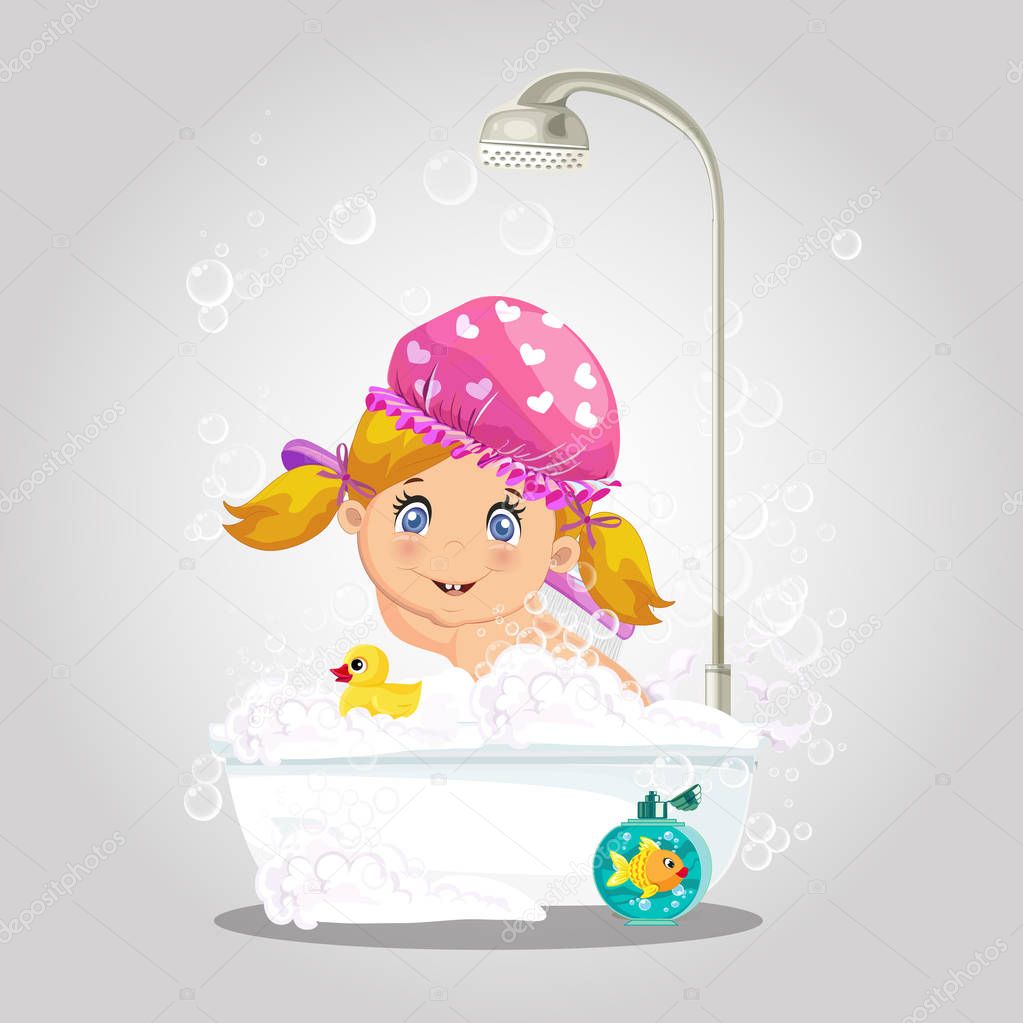 Baby in bath. Cute girl character washing hat taking bubble bath