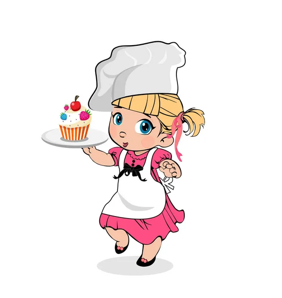 Bambina Chef con Cupcake sul Piatto, Menù Bambini — Foto Stock