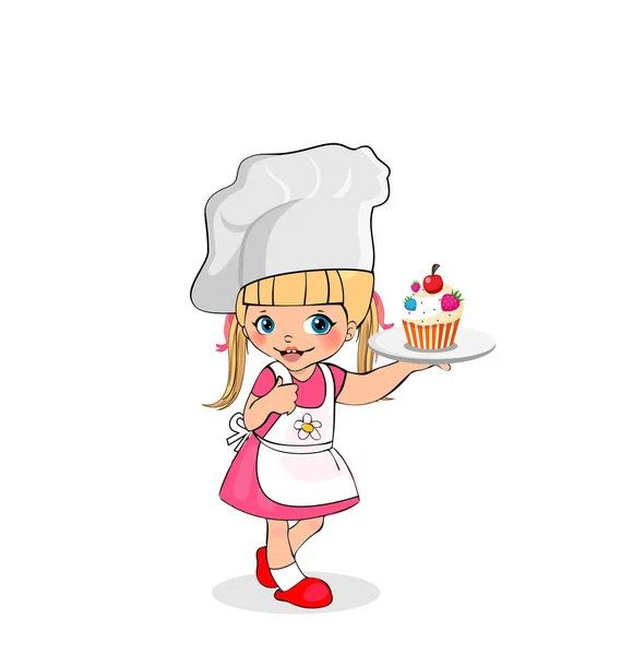 Маленькая девочка шеф-повар с кексом на тарелке, меню детей — стоковое фото