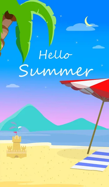 Hola fondo de playa de verano con folleto Seascape — Vector de stock
