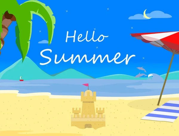 Fondo de playa nocturna y tipografía Hello Summer — Vector de stock