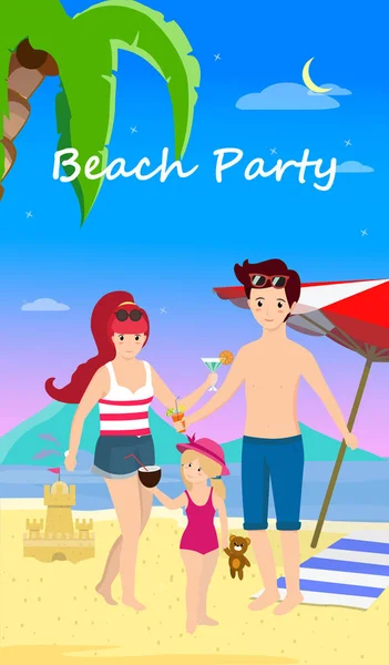 Ευτυχισμένη οικογένεια στην παραλία πάρτι μέρα ώρα πανό, Φέιγ βολάν — Διανυσματικό Αρχείο