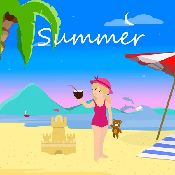 Μικρό κορίτσι στο καλοκαίρι παραλία βράδυ, διακοπές — Διανυσματικό Αρχείο