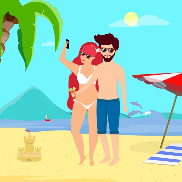 Uomo e donna in riva al mare sfondo Fare selfie — Foto Stock