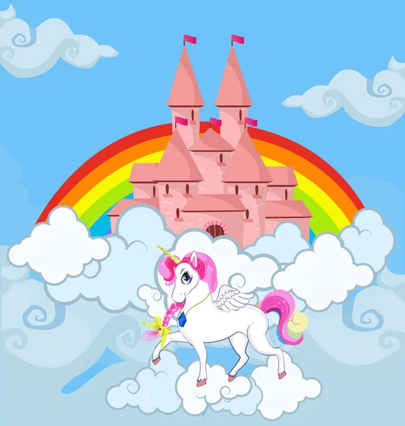 Unicornio en el cielo castillo arco iris princesa cuento de hadas — Vector de stock