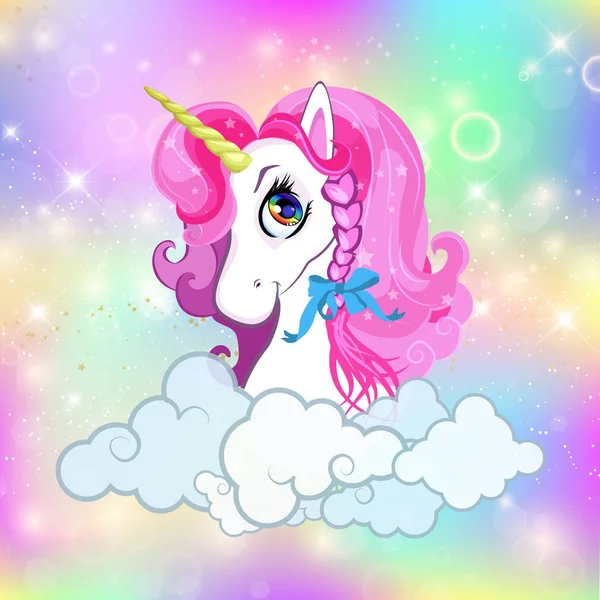 Unicorn huvud porträtt på Bright Rainbow Sky Space — Stock vektor