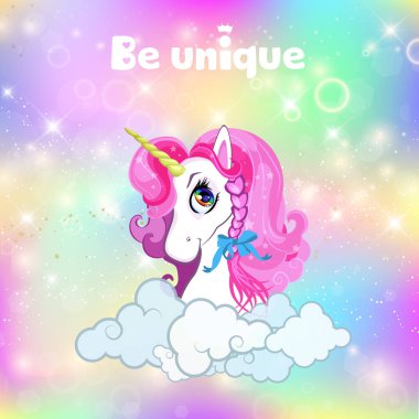 Parlak gökkuşağı gökyüzü uzayda Unicorn kafa portre