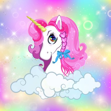 Parlak gökkuşağı gökyüzü uzayda Unicorn kafa portre