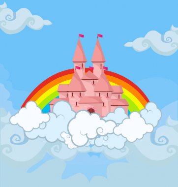 Gökkuşağı ile bulutlu gökyüzünde Fantasy prenses kale
