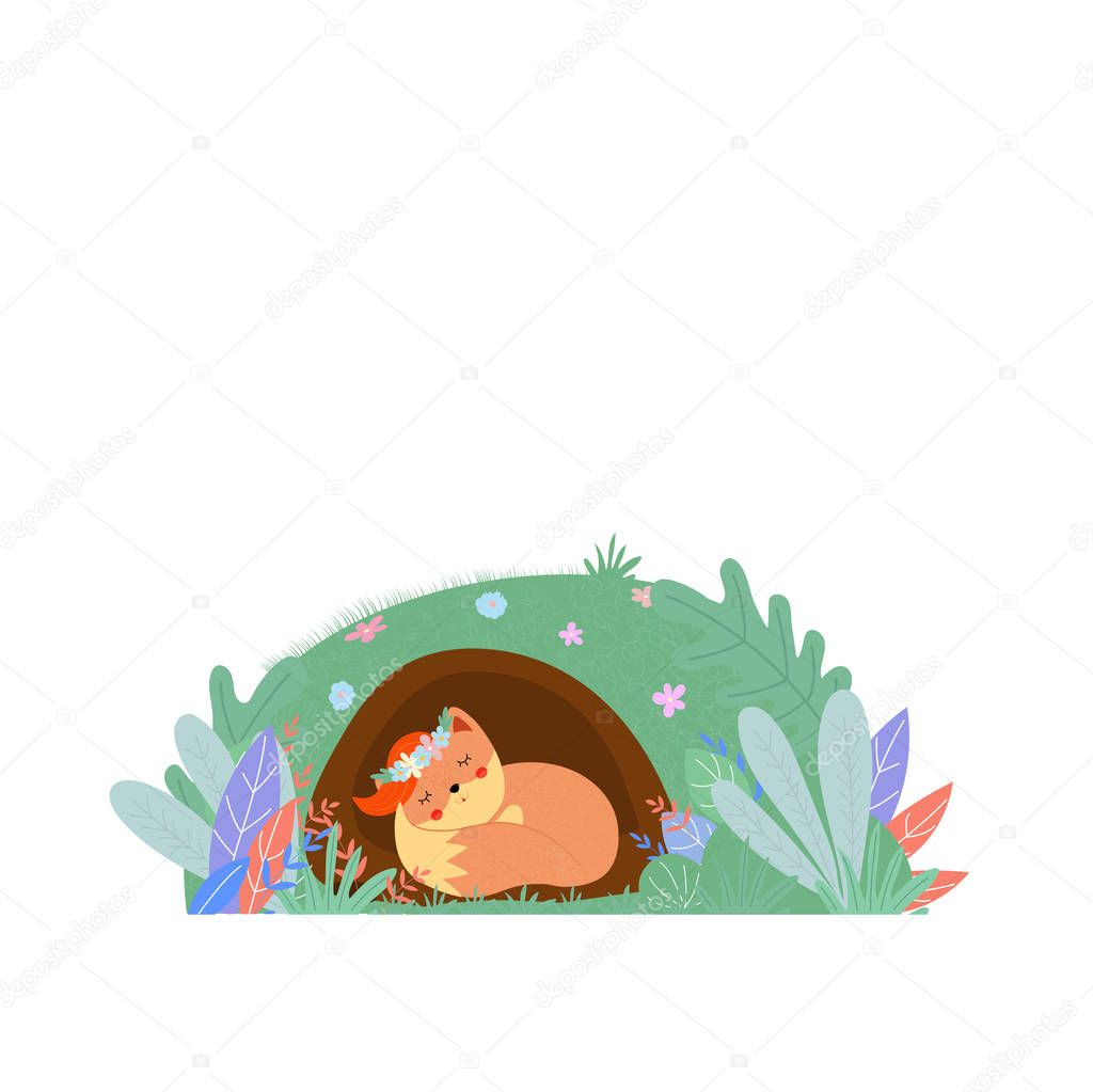 Cute fox in Flower wreath sleep in foxhole isolated on white background, woodland sweet animal kids design, baby girl print. Cartoon flat vector hand drawn illustration, scandinavian style, clip art