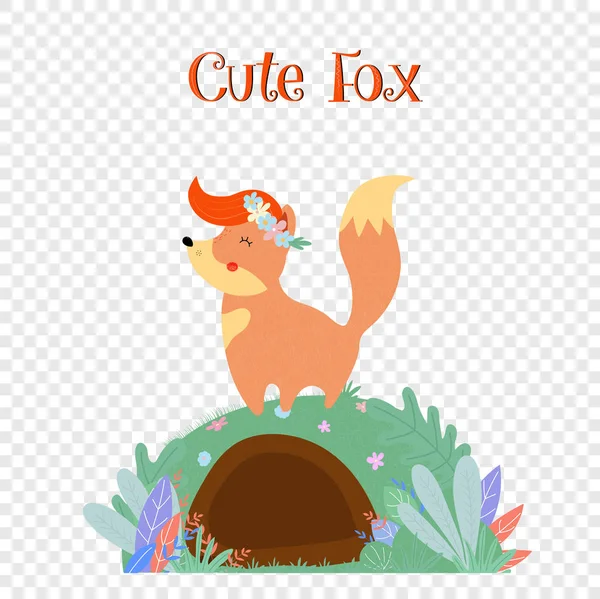Raposa bonito em flor grinalda stand na toca foxy — Vetor de Stock