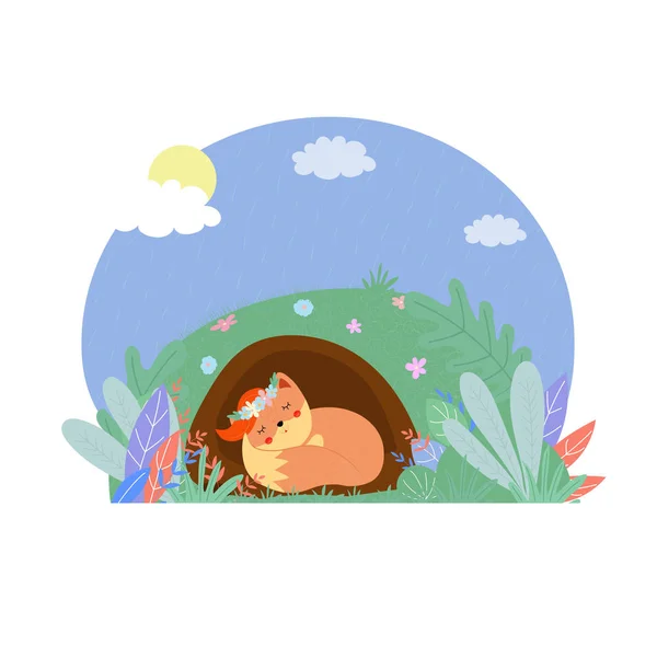 Raposa bonito na grinalda dormir no buraco no dia ensolarado — Fotografia de Stock