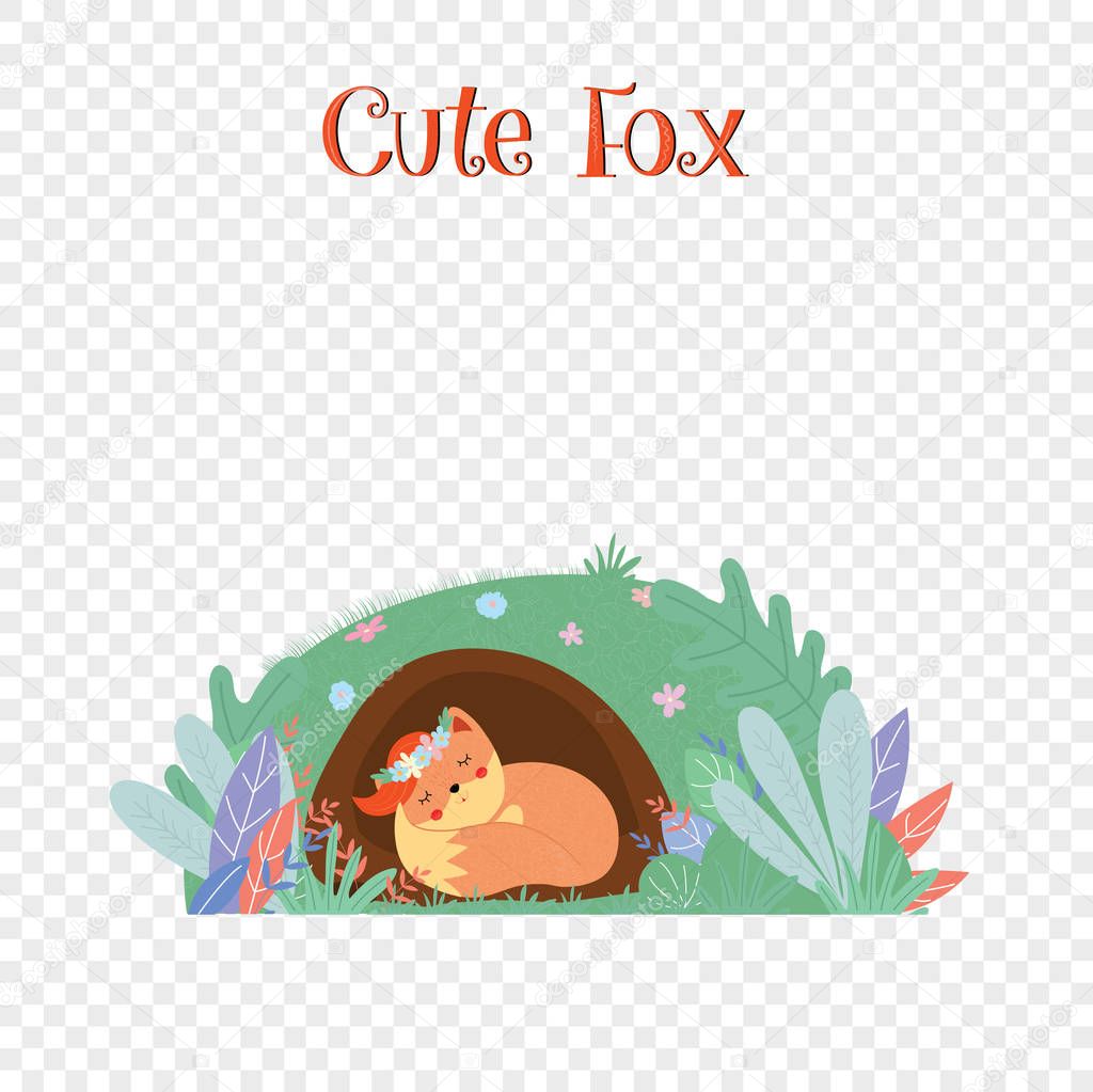 Cute fox sleeping in foxy burrow isolated on transparent background with typography, sweet kawaii animal kids design, baby Cartoon flat vector hand drawn illustration, scandinavian style, clip art