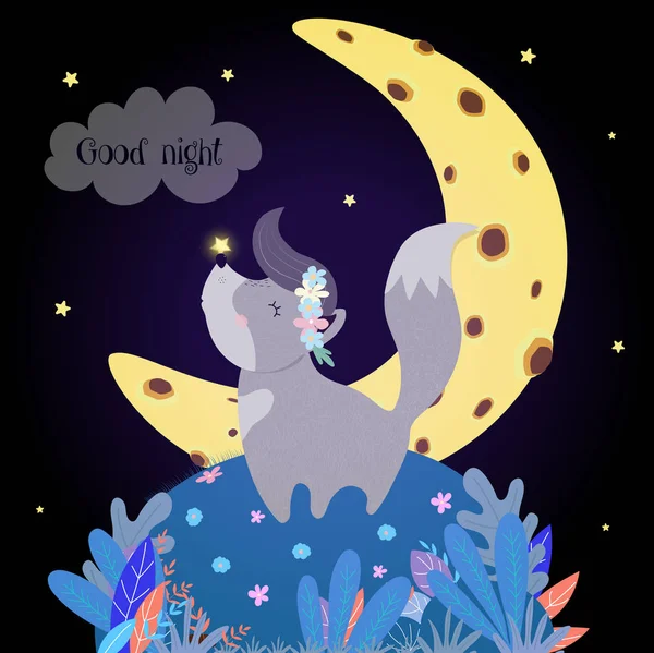 可爱的狼在月亮嚎叫。有趣的小狼宝宝 — 图库照片