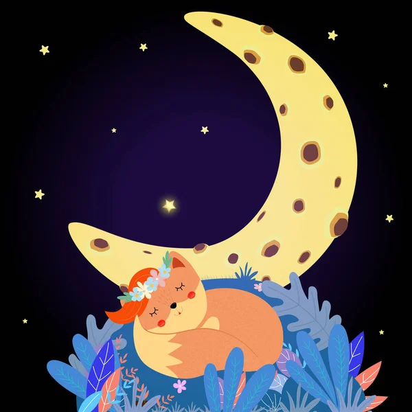 Linda raposa dormir sob lua céu estrelado. Boa noite. —  Vetores de Stock