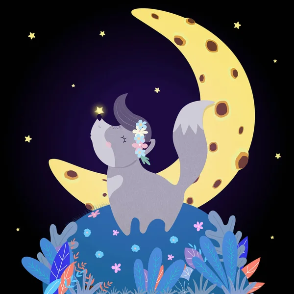 Vicces Wolf Howl at Moon vicces Kawaii Baby Wolfling — Stock Vector