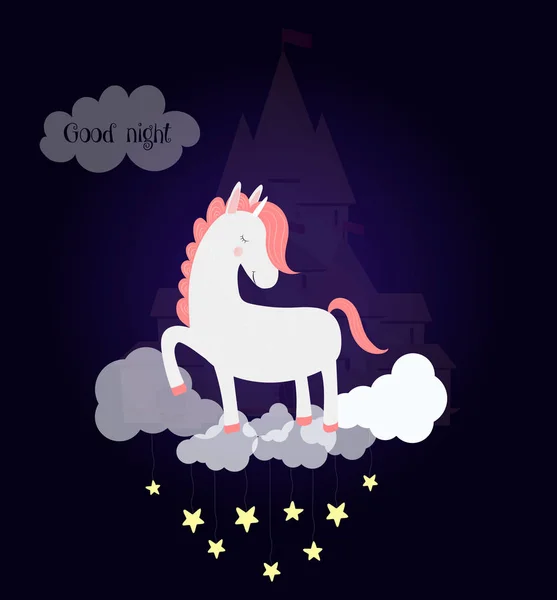 Lindo unicornio dormir en la nube sueño castillo noche — Archivo Imágenes Vectoriales