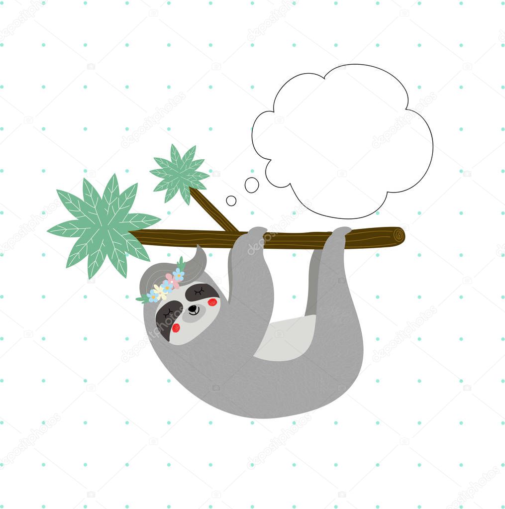 funny sloth in flower wreath sleep hanging on tree