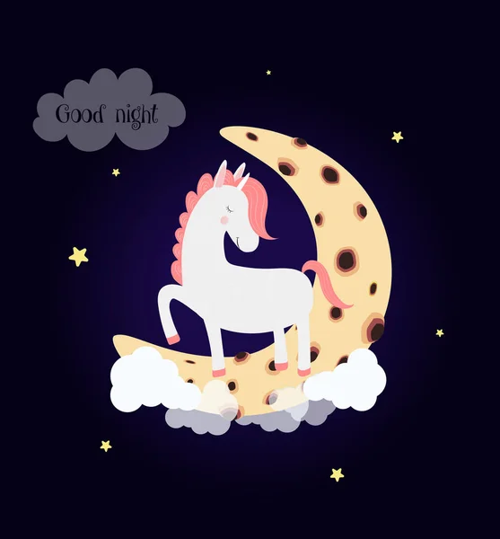 Mignonne licorne sur la lune rêve bonne nuit typographie — Photo