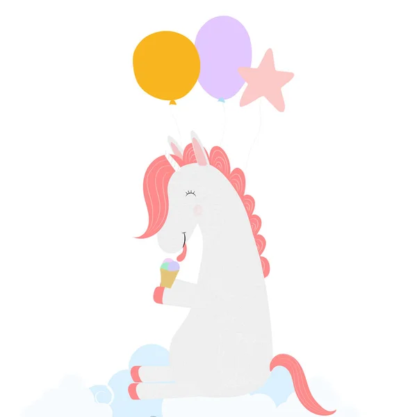 Lindo unicornio con globos comiendo cono de helado —  Fotos de Stock