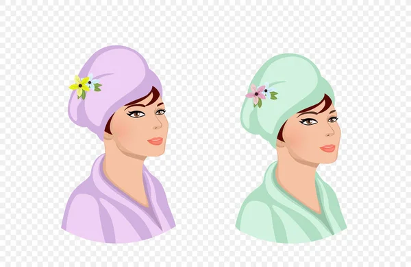 Woman in bath turban on head apply spa procedure — Stock Vector