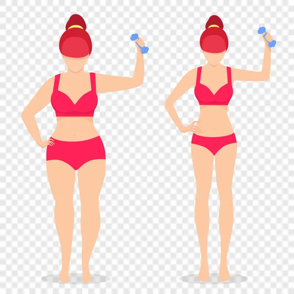 Antes después chica gorda delgado cuerpo mujer figura set . — Vector de stock