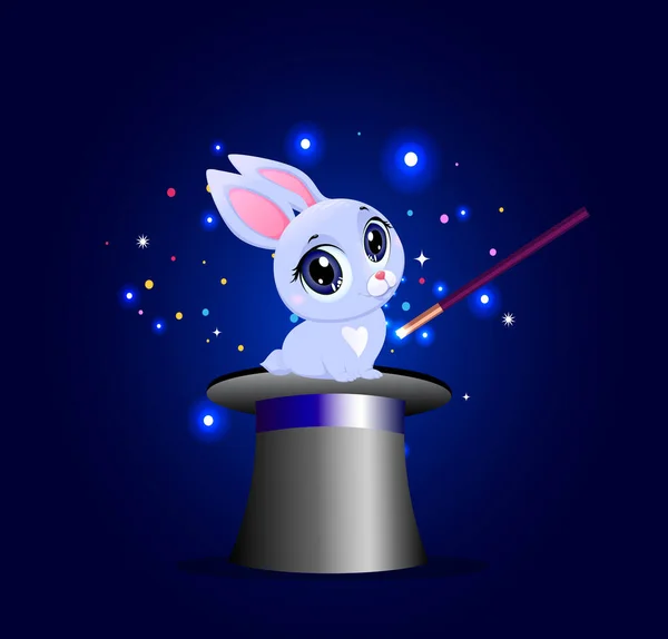 Bunny in magic hat with wand on blue background — Stock Photo, Image
