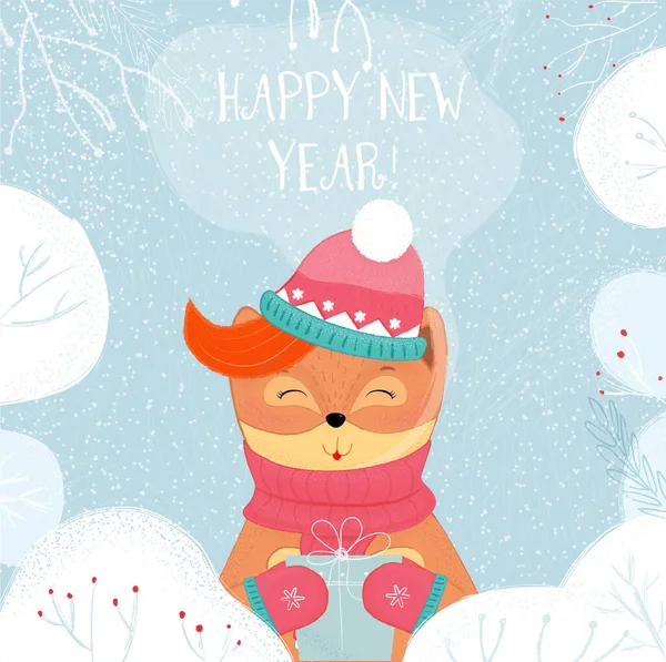 Feliz ano novo cartão inverno raposa segurando caixa de presente . — Fotografia de Stock