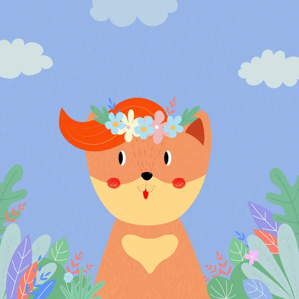 Raposa bonito em flor grinalda entre plantas e folhas — Fotografia de Stock