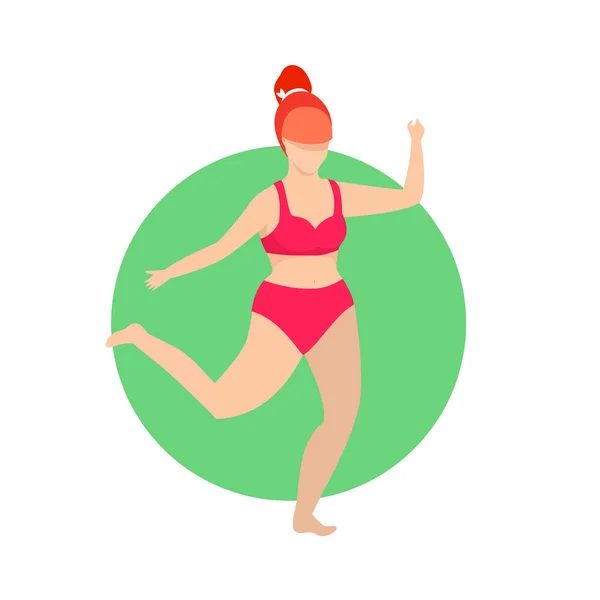 Fatty Woman in Red Swim Wear Running Jogging.