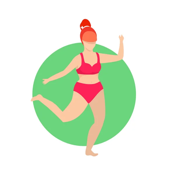 Dicke Frau im roten Badeanzug beim Joggen. — Stockvektor