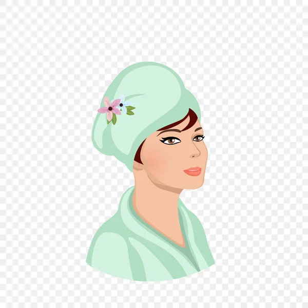 Kvinde i badekåbe indpakning i håndklæde turban på hovedet – Stock-vektor