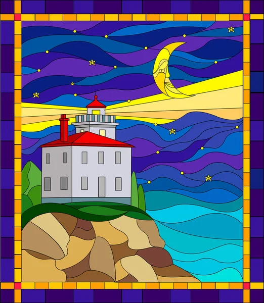 Ilustración en estilo vitral con el paisaje marino, faro sobre el fondo del cielo nocturno y el mar — Vector de stock
