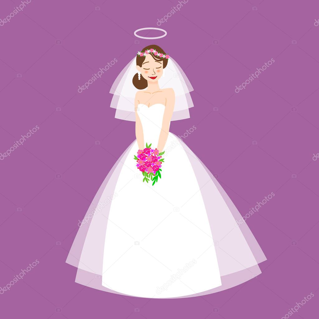 Young beautiful bride is in an elegant wedding dress. Vector illustration for your design.Invitation, greeting card, template for the bride show.