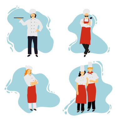 Restoran mutfak pişirme aşçılar. Sevimli aşçı yemek ya da otel gıda hazırlama üniformalı. Profesyonel master. Genç profesyonel şefler. Düz tasarım. Vektör çizim.