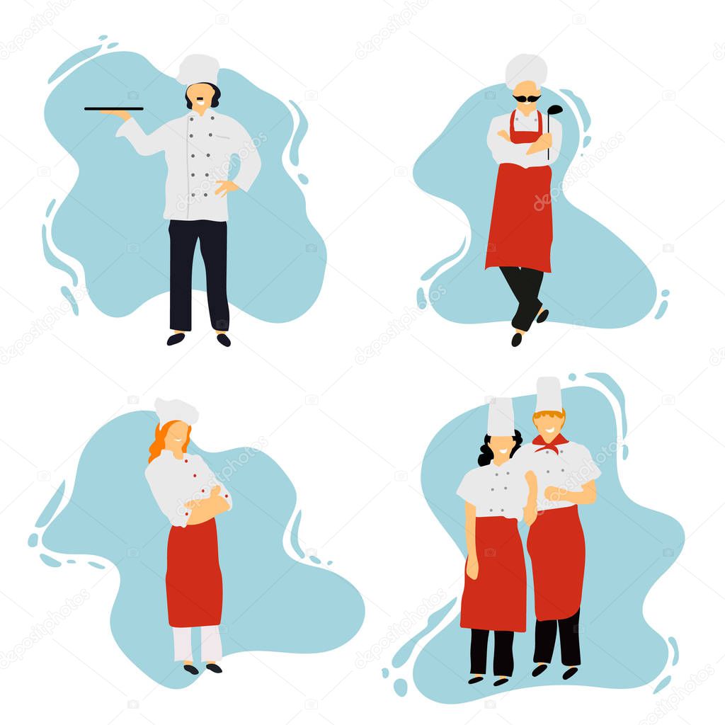 Chefs in restaurant kitchen cooking. Cute cooks in uniform preparing food in dining or hotel.Professional master.Young professional chefs. Flat design. Vector illustration.