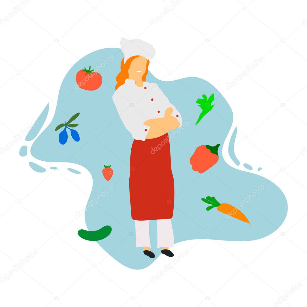 Chef in restaurant kitchen cooking. Cute cook in uniform preparing food in dining or hotel.Professional master.Young professional chefs. Flat design. Vector illustration.