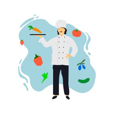 Mutfak yemek Restoran, Şef. Sevimli aşçı yemek ya da otel gıda hazırlama üniformalı. Profesyonel master. Genç profesyonel şefler. Düz tasarım. Vektör çizim.