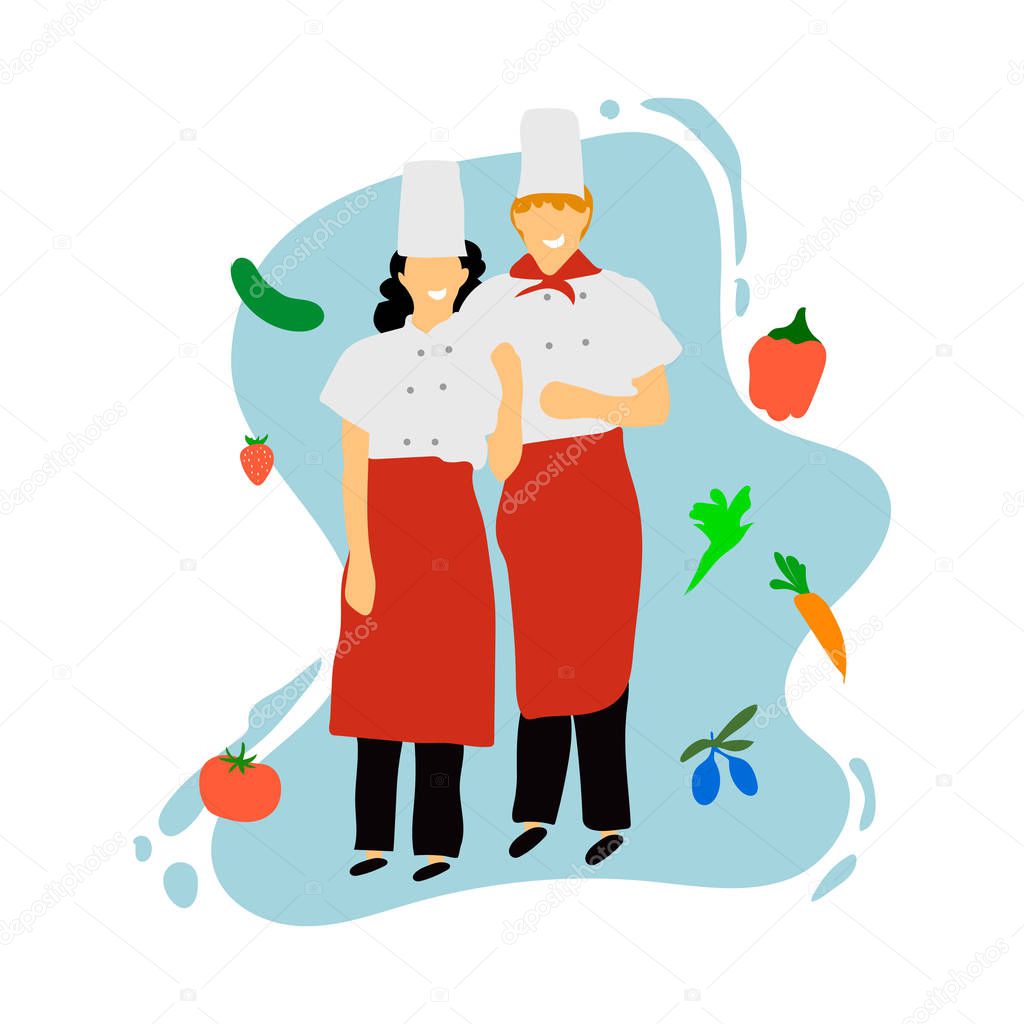 Chefs in restaurant kitchen cooking. Cute cooks in uniform preparing food in dining or hotel.Professional master.Young professional chefs. Flat design. Vector illustration.