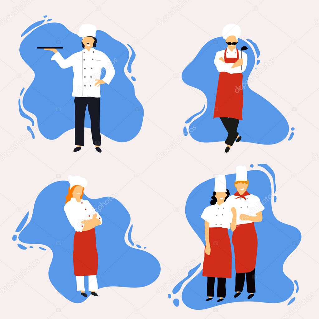 Chefs in restaurant kitchen cooking. Cute cooks in uniform preparing food in dining or hotel.Professional master.Young professional chefs. Flat design. Vector illustration.