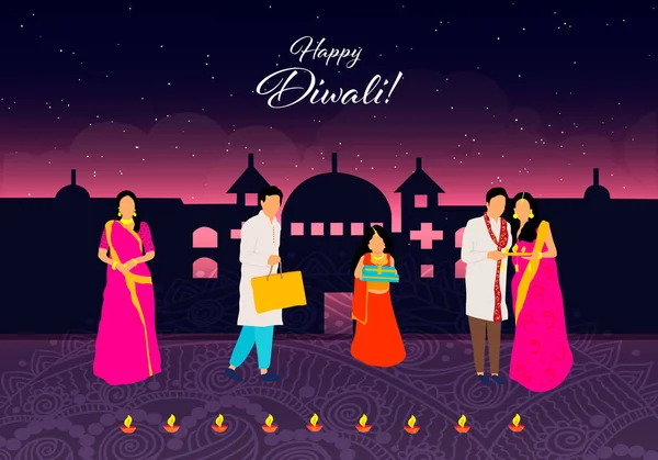 Joyeux Diwali. Joyeux Diwali. Festival indien traditionnel. Festival Diwali de l'Inde avec des cadeaux en vecteur — Image vectorielle